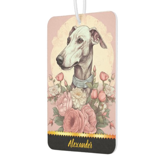 Greyhound inmitten blühender Rose des Frühlings Autolufterfrischer (Links)