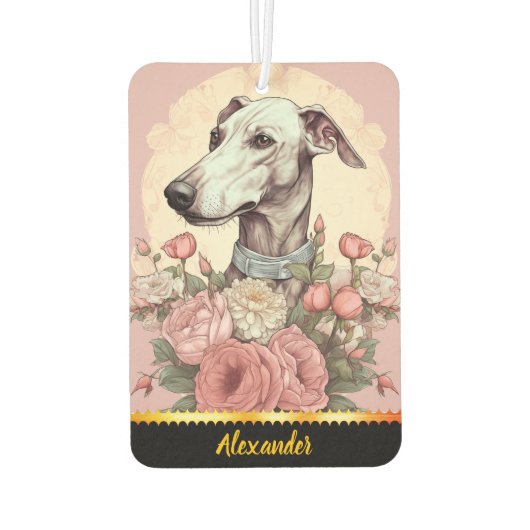 Greyhound inmitten blühender Rose des Frühlings Autolufterfrischer (Rückseite)