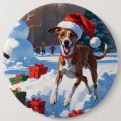 Greyhound läuft im Schnee mit Weihnachtshut Button (Vorderseite)