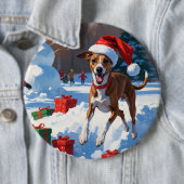 Greyhound läuft im Schnee mit Weihnachtshut Button (Beispiel)