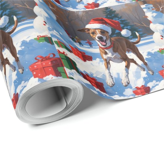 Greyhound läuft im Schnee mit Weihnachtshut Geschenkpapier (Rolleneckpunkt)