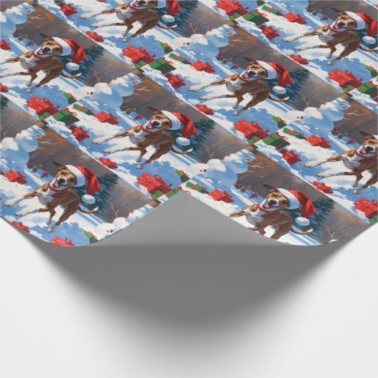 Greyhound läuft im Schnee mit Weihnachtshut Geschenkpapier (Ecke)