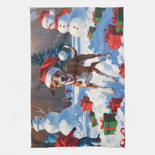 Greyhound läuft im Schnee mit Weihnachtshut Geschirrtuch (Vertikal)