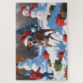 Greyhound läuft im Schnee mit Weihnachtshut Puzzle (Vertikal)