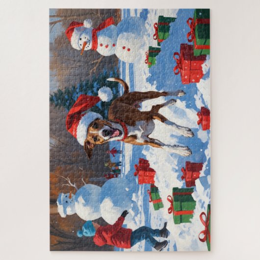 Greyhound läuft im Schnee mit Weihnachtshut Puzzle (Vertikal)