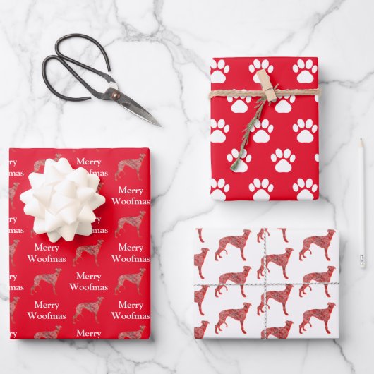 Greyhound Lurcher Dog Silhouette Red Merry Woofmas Geschenkpapier Set (Vorderseite)