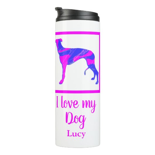 Greyhound/Lurcher Hund Hot Pink & Blue Silhouette Thermosbecher (Nach rechts gedreht)