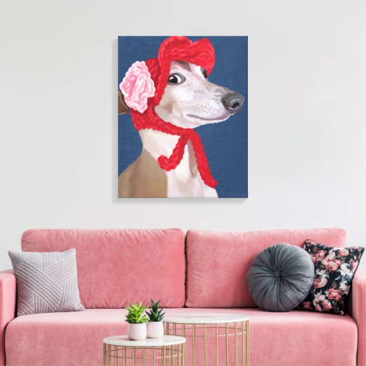 Greyhound mit Red Wooly Hat Leinwanddruck (Insitu (Wohnzimmer))