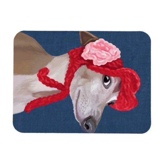 Greyhound mit Red Wooly Hat Magnet (Horizontal)