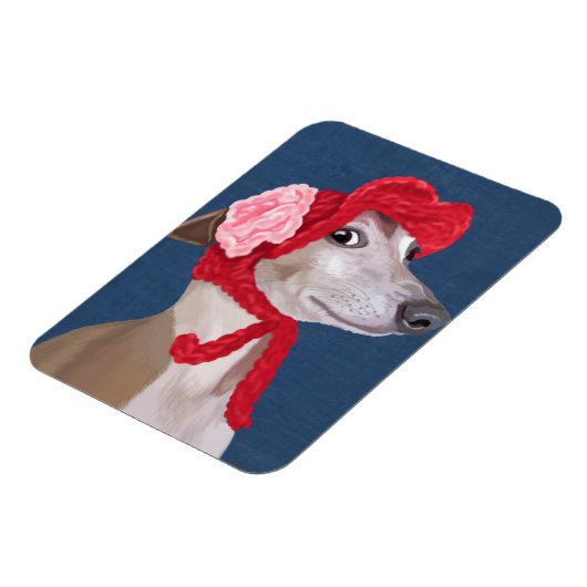 Greyhound mit Red Wooly Hat Magnet (Linke Seite)
