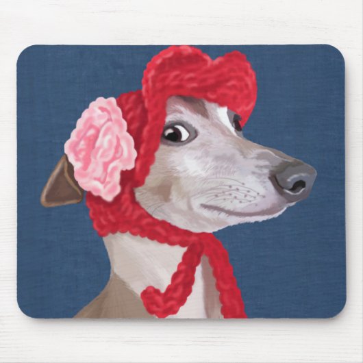 Greyhound mit Red Wooly Hat Mousepad (Vorne)