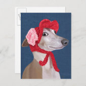 Greyhound mit Red Wooly Hat Postkarte (Vorne/Hinten)