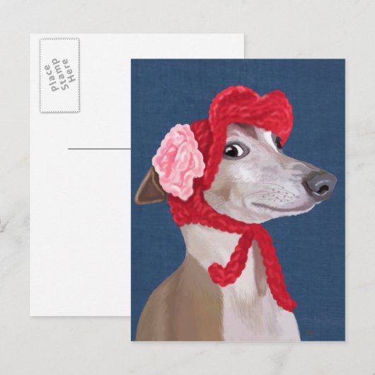 Greyhound mit Red Wooly Hat Postkarte (Vorne/Hinten)