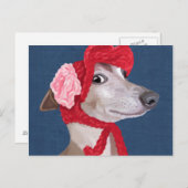 Greyhound mit Red Wooly Hat Postkarte (Vorne/Hinten)