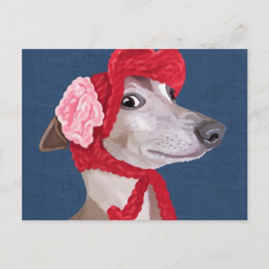 Greyhound mit Red Wooly Hat Postkarte (Vorderseite)