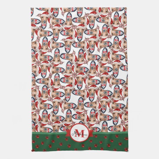 Greyhound Muster Monogram Christmas Dog Geschirrtuch (Vertikal)