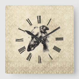 Greyhound Portrait on Elegant Ivory Damask Quadratische Wanduhr