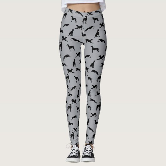Greyhound Silhouetten Schwarz auf Grau Leggings (Vorderseite)