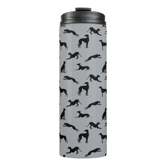 Greyhound Silhouetten Schwarz auf Grau Thermosbecher (Vorderseite)