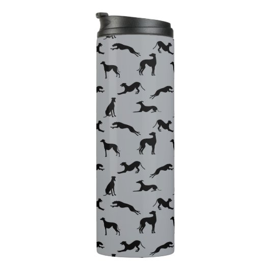 Greyhound Silhouetten Schwarz auf Grau Thermosbecher (Nach rechts gedreht)