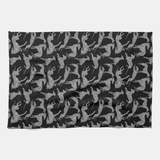 Greyhound Silhouetten Silver Imitats Glitzer Geschirrtuch (Horizontal)