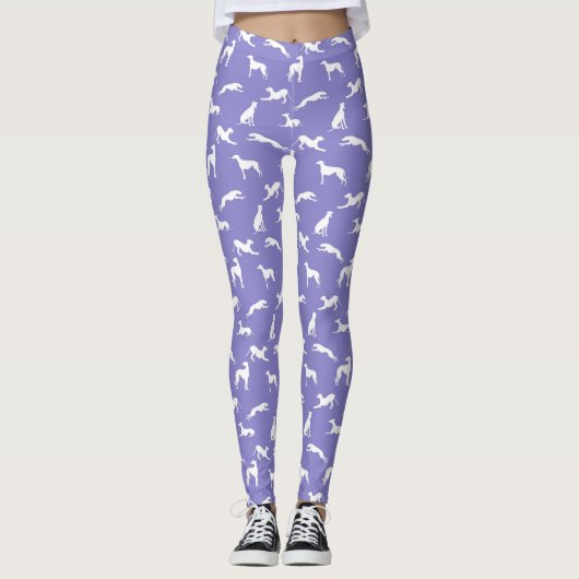 Greyhound-Silhouetten Weiß auf Lila Leggings (Vorderseite)