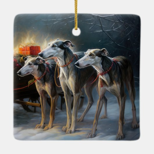 Greyhound Snowy Sleigh Weihnachtsdekor Keramikornament (Rückseite)