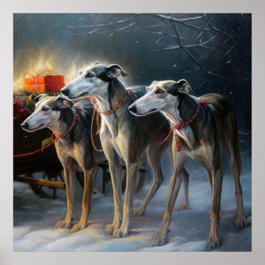 Greyhound Snowy Sleigh Weihnachtsdekor Poster (Vorne)