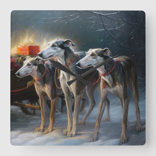 Greyhound Snowy Sleigh Weihnachtsdekor Quadratische Wanduhr (Vorderseite)