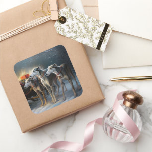 Greyhound Snowy Sleigh Weihnachtsdekor Quadratischer Aufkleber