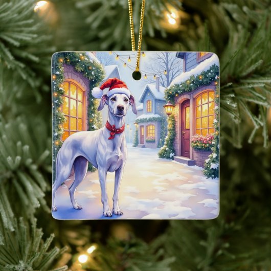 Greyhound Snowy Village Santa Hat Christmas Art Keramikornament (Baum)