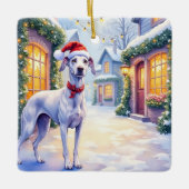 Greyhound Snowy Village Santa Hat Christmas Art Keramikornament (Vorderseite)