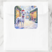 Greyhound Snowy Village Santa Hat Christmas Art Quadratischer Aufkleber (Tasche)