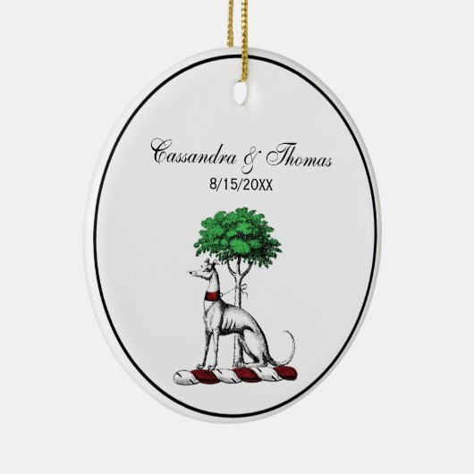 Greyhound Whippet mit Baumkronen-Wappen-Emblem Keramik Ornament (Rechts)