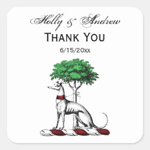 Greyhound Whippet mit Baumkronen-Wappen-Emblem Quadratischer Aufkleber