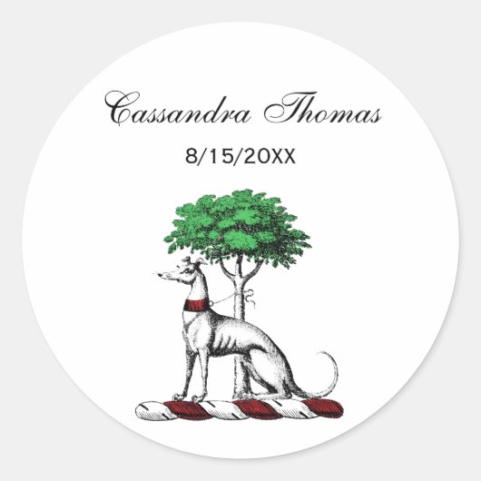 Greyhound Whippet mit Baumkronen-Wappen-Emblem Runder Aufkleber (Vorderseite)