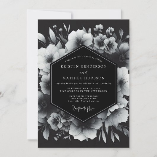 Greyscale Nocturne Bloom Hochzeit Einladung (Vorderseite)