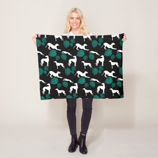Greyt Greyhound Silhouetten mit Monstera-Blätter Fleecedecke (Beispiel)