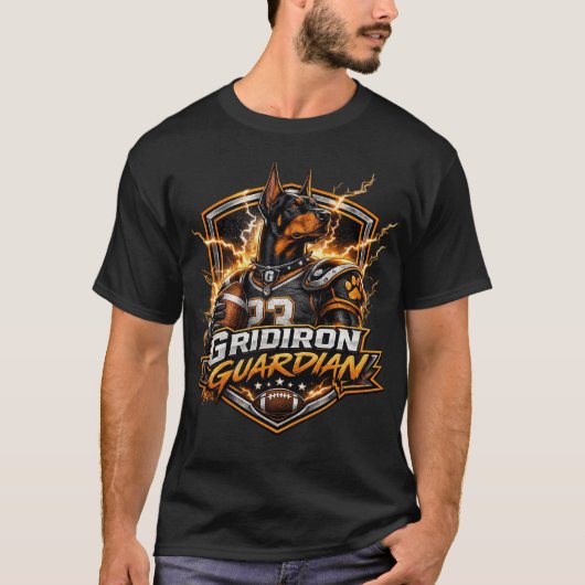 Gridiron Guardian Dobermann Maskottchen Kunst T-Shirt (Vorderseite)