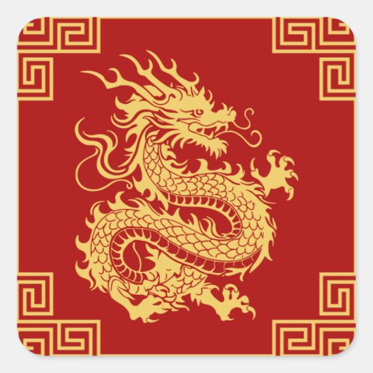Grieche Rahmen Gold Dragon Muster Rot Quadratischer Aufkleber (Vorderseite)