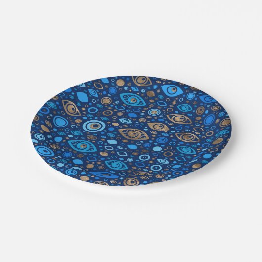 Griechen-Eye-Muster Blues und Gold Pappteller (Schrägansicht)