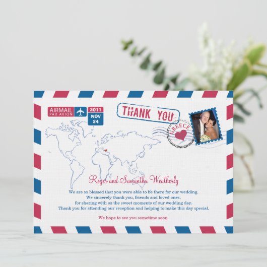 Griechenland Air Mail Wedding Vielen Dank Einladung (Stehend Vorderseite)
