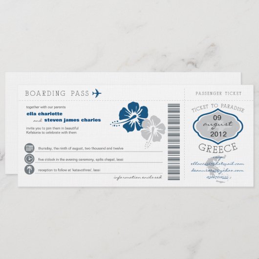 Griechenland Boarding Pass Hochzeit Einladung (Vorne/Hinten)