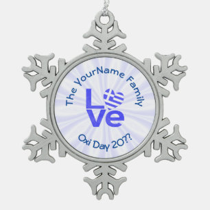 Griechenland Herz Flagge Blau PERSONALISIERT Schneeflocken Zinn-Ornament