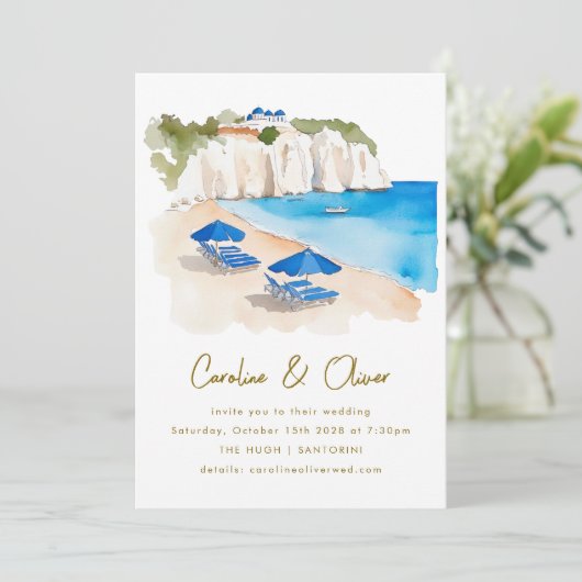 Griechenland Hochzeit in Urlaubsort Küstengewässer Einladung (Stehend Vorderseite)