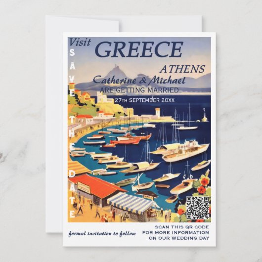 Griechenland Hochzeitplakatart QR-Code Save The Date (Vorderseite)