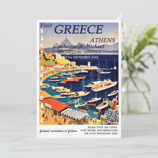 Griechenland Hochzeitplakatart QR-Code Save The Date (Stehend Vorderseite)