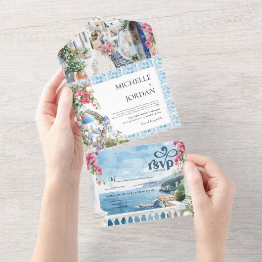 Griechenland | Illustrierte mediterrane Hochzeit All In One Einladung (Abreißen)