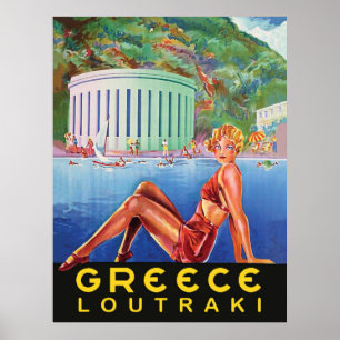 Griechenland, Loutraki, Mädchen am Strand, Vintage Poster