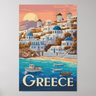 Griechenland Mykonos Illustration Travel Art Vinta Poster